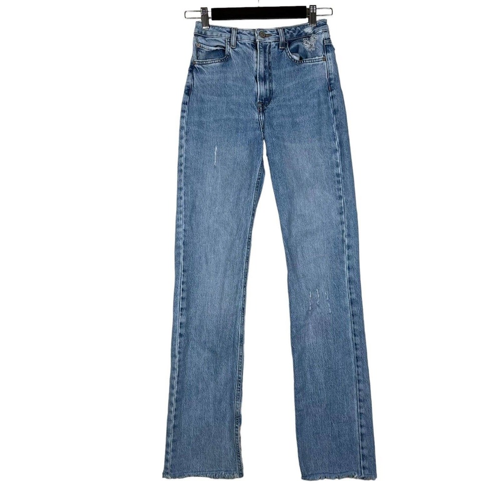 Zara Jeans Womens 2 Blue Wash High Rise Denim Distressed Split Flare Frayed Hem